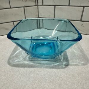 Hazel Atlas Moroccan Square Capri Colonial Turquoise Blue Glass Bowl